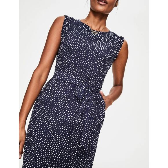 Boden Camille Polka Dot Midi Dress Navy Blue Tie Waist Slit Back Zip Sz 12 - Picture 4 of 14